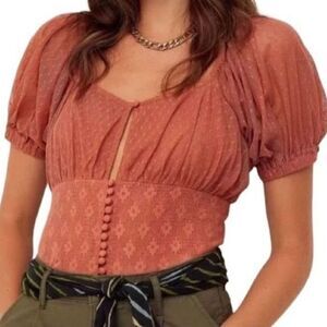 Free People Heartstrings‎ Rose Lace Crop Top With Puff Sleeve Size XS